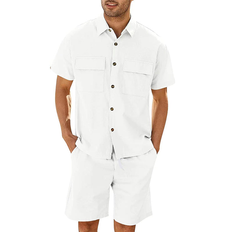 Completo Estivo Uomo - Camicia con Tasche e Shorts in Lino con Coulisse