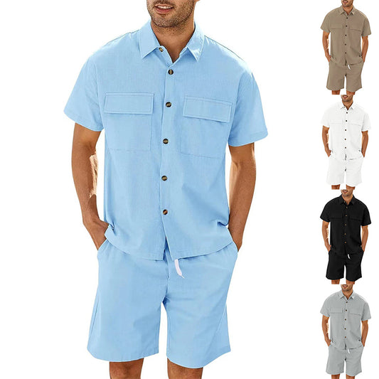 Completo Estivo Uomo - Camicia con Tasche e Shorts in Lino con Coulisse